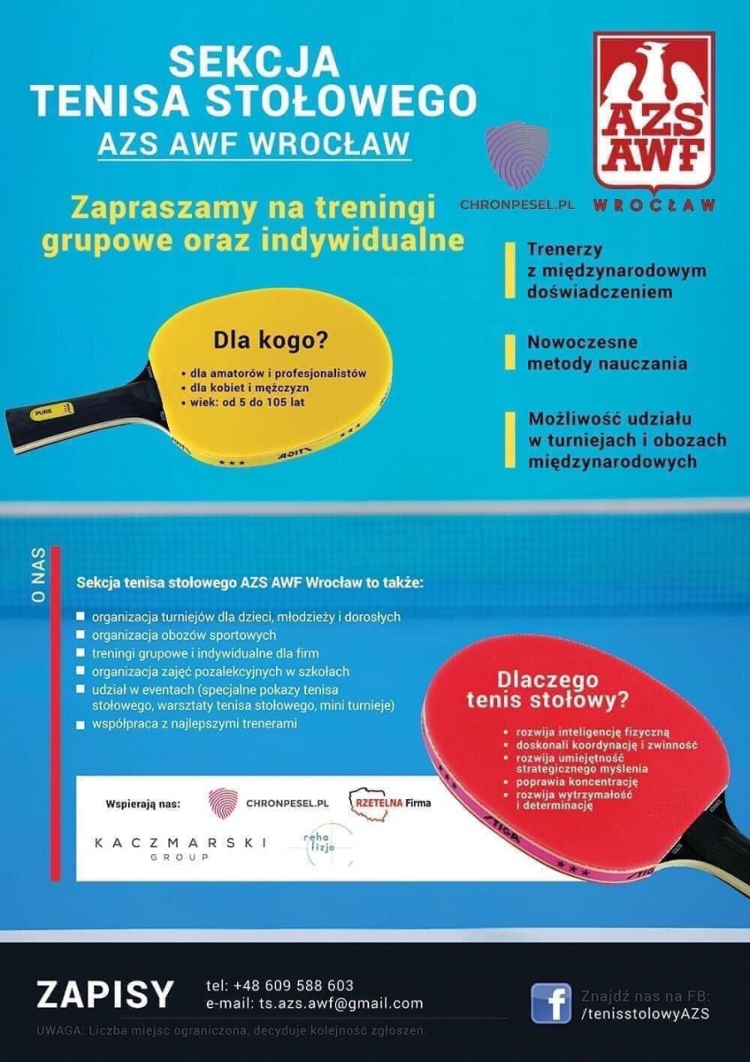 Plakat treningu Treningi W Sekcji Tenisa Stołowego AZS AWF Wrocław