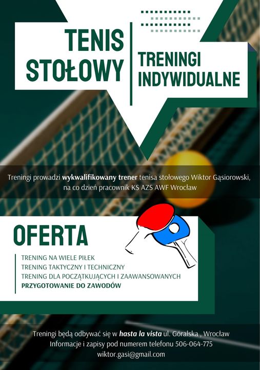 Plakat treningu Tenis Stołowy Treningi Indywidualne Wrocław