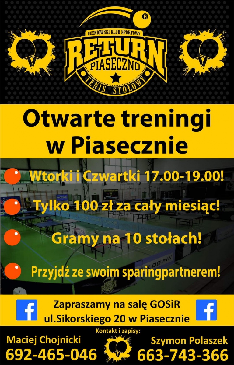 Plakat treningu Otwarte treningi tenisa stołowego Piaseczno