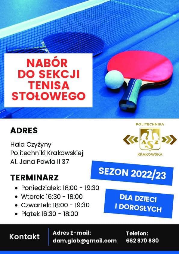 Plakat treningu Treningi tenisa stołowego Politechnika Krakowska