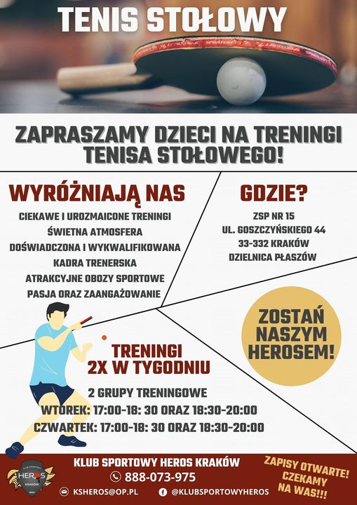 Plakat treningu Treningi tenisa stołowego dla dzieci Kraków Klub Sportowy Heros