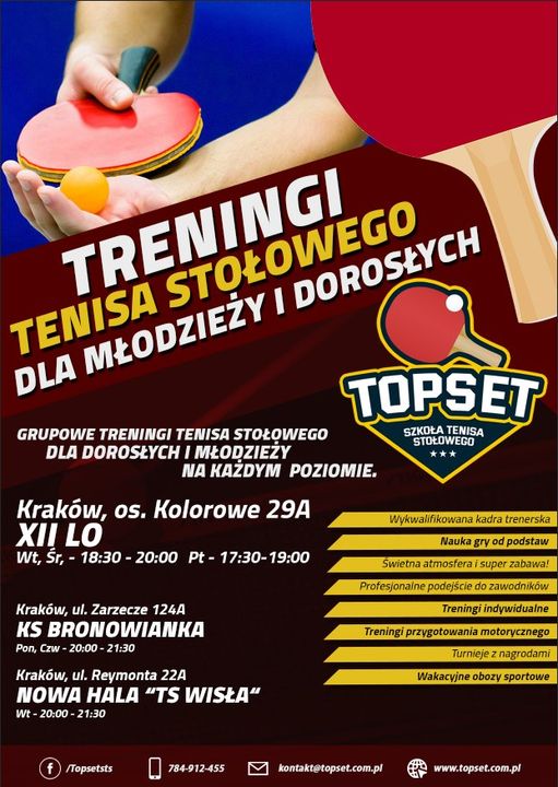 Plakat treningu Treningi tenisa stołowego dla dzieci i młodzież Kraków Topset - Osiedle Kolorowe