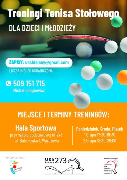Plakat treningu Treningi tenisa stołowego warszawa dla dzieci i młodzieży Bielan