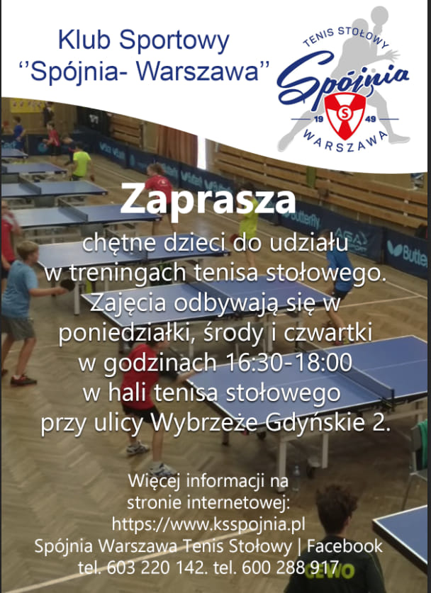 Plakat treningu Klub Sportowy Spójnia Warszawa - Treningi Tenisa Stołowego - Warszawa Śródmieście