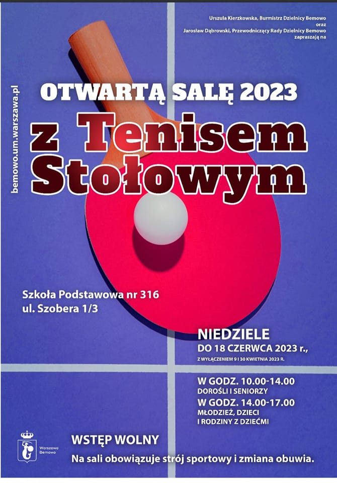 Plakat treningu Otwarte sala 2023 z tenisem stołowym Warszawa Bemowo
