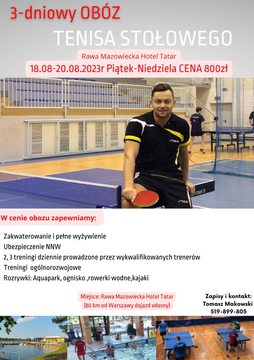 Plakat treningu 3 dniowy Obóz Tenisa Stołowego Rawa Mazowiecka lipiec 2023