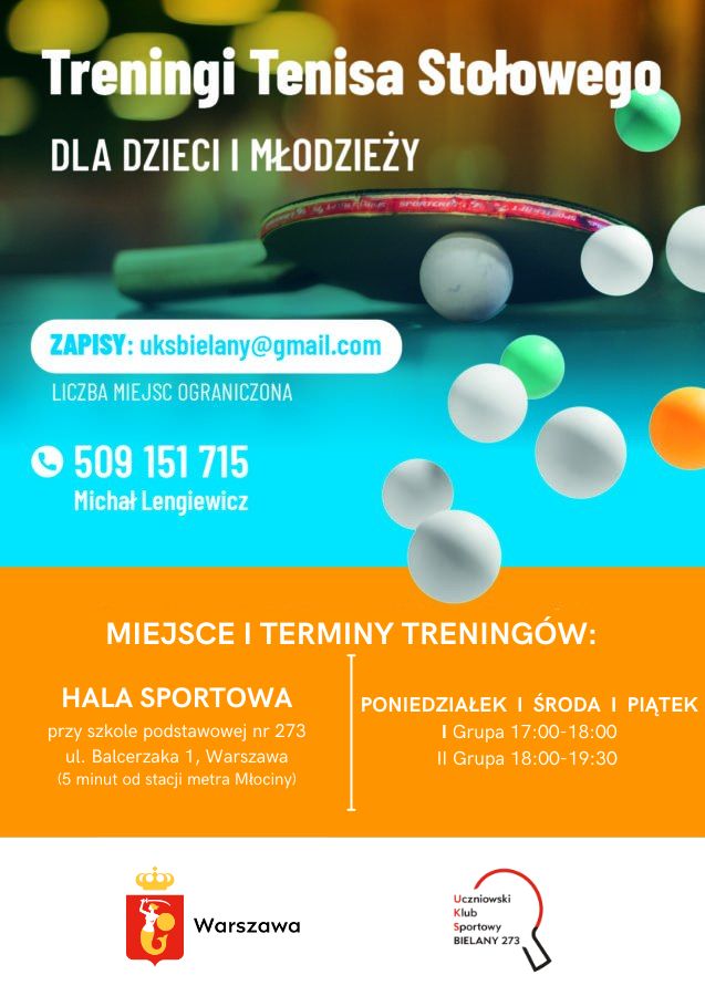 Plakat treningu Treningi tenisa stołowego warszawa dla dzieci i młodzieży Bielan