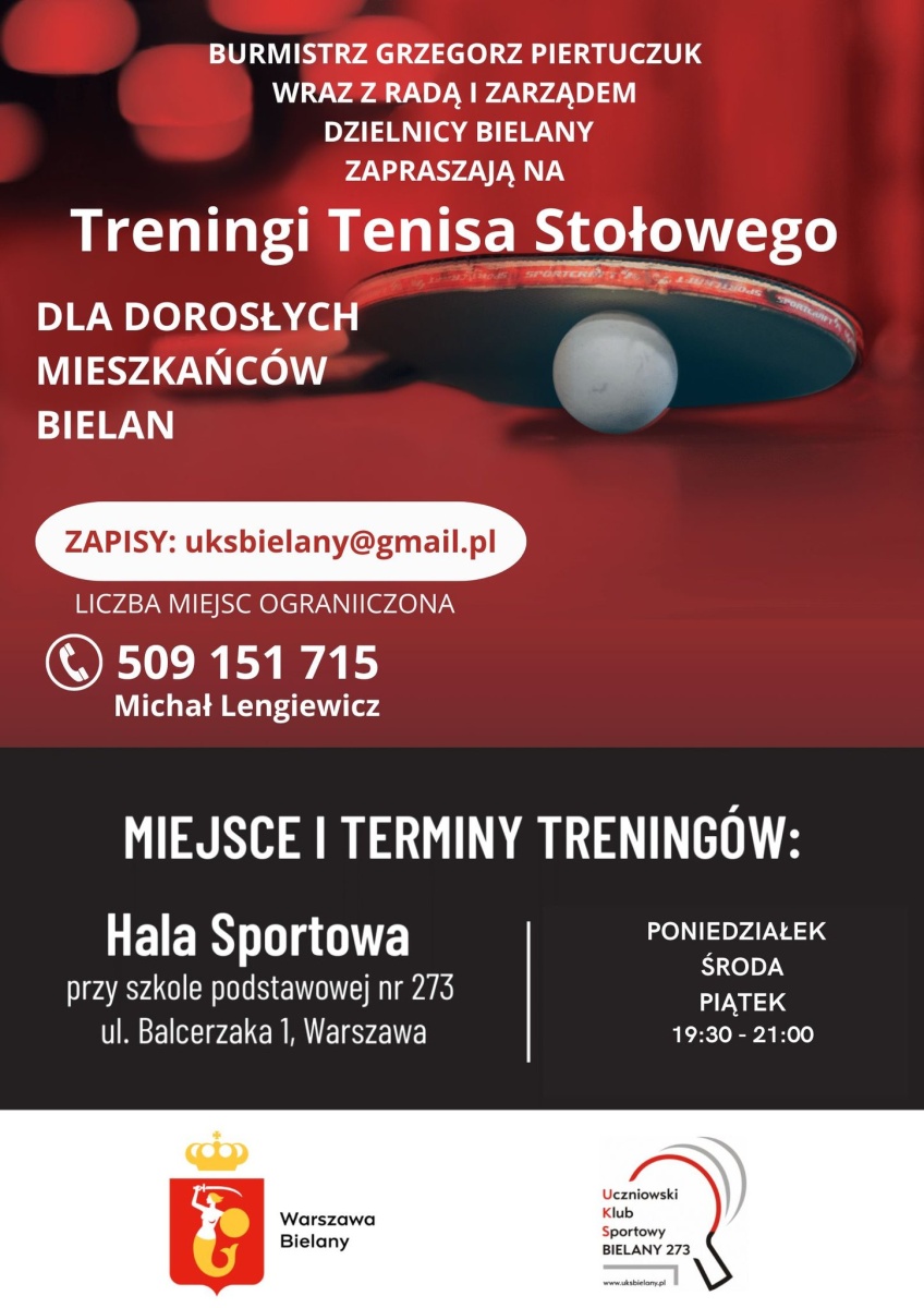 Plakat treningu Treningi tenisa stołowego warszawa dla dorosłych mieszkańców Bielan