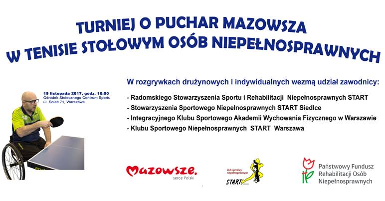 Plakat turnieju Puchar Mazowsza w Tenisie Stołowym Niepełnosprawnych