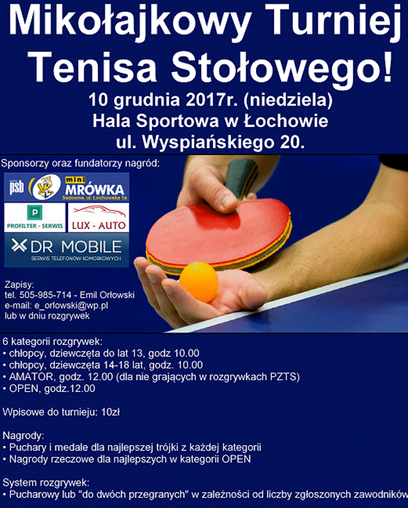 Plakat turnieju Mikołajkowy Turniej Tenisa Stołowego w Łochowie