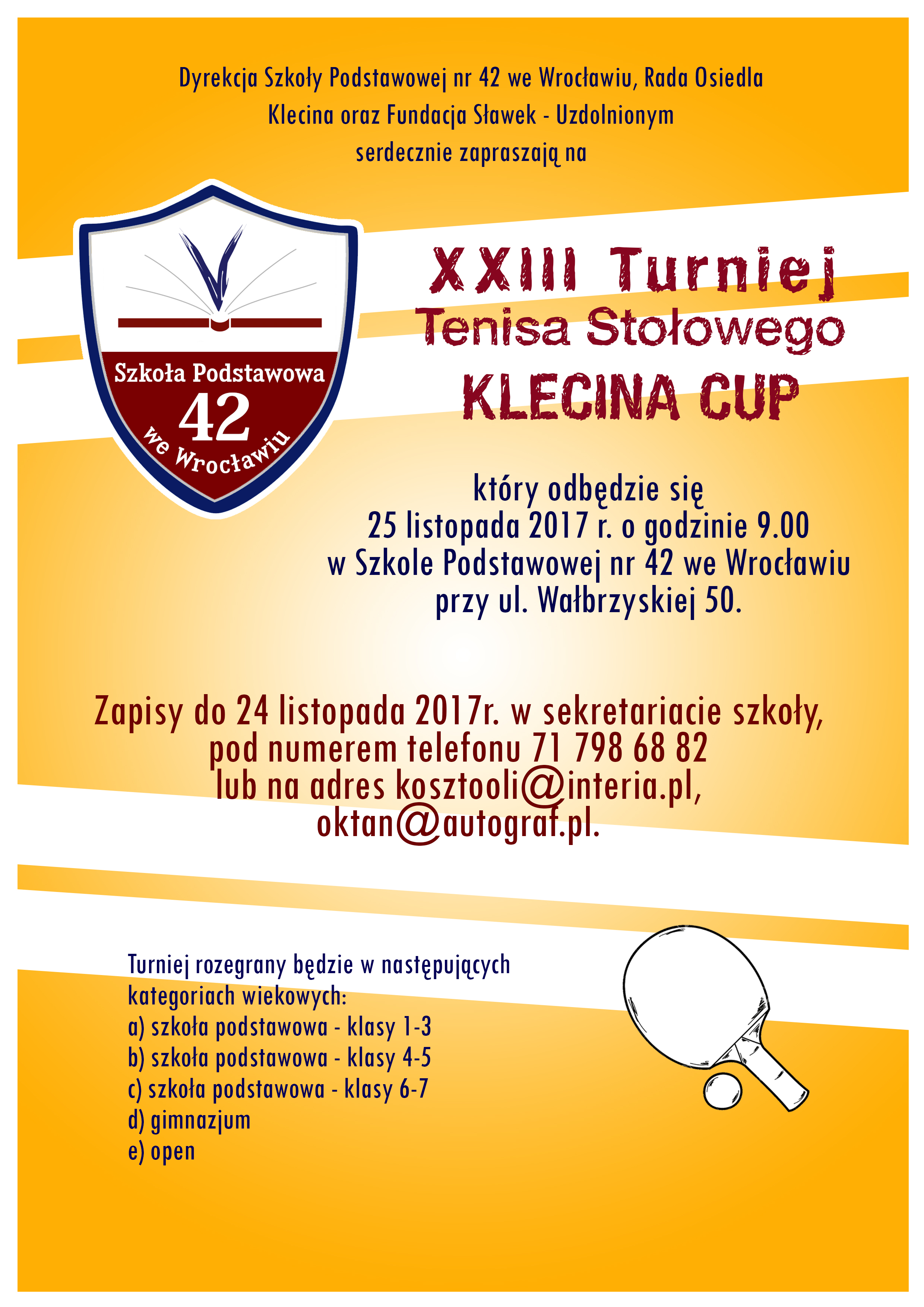 Plakat turnieju XXIII Turniej Tenisa Stołowego KLECINA CUP