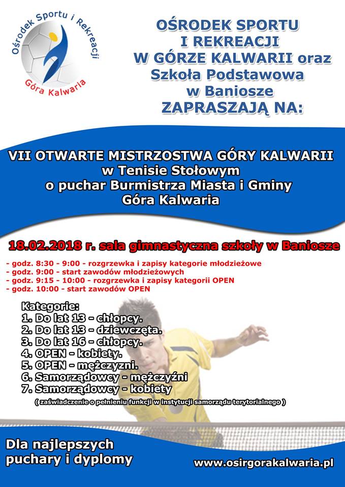 Plakat turnieju VII OTWARTE MISTRZOSTWA GÓRY KALWARII w Tenisie Stołowym o puchar Burmistrza Miasta i Gminy Góra Kalwaria