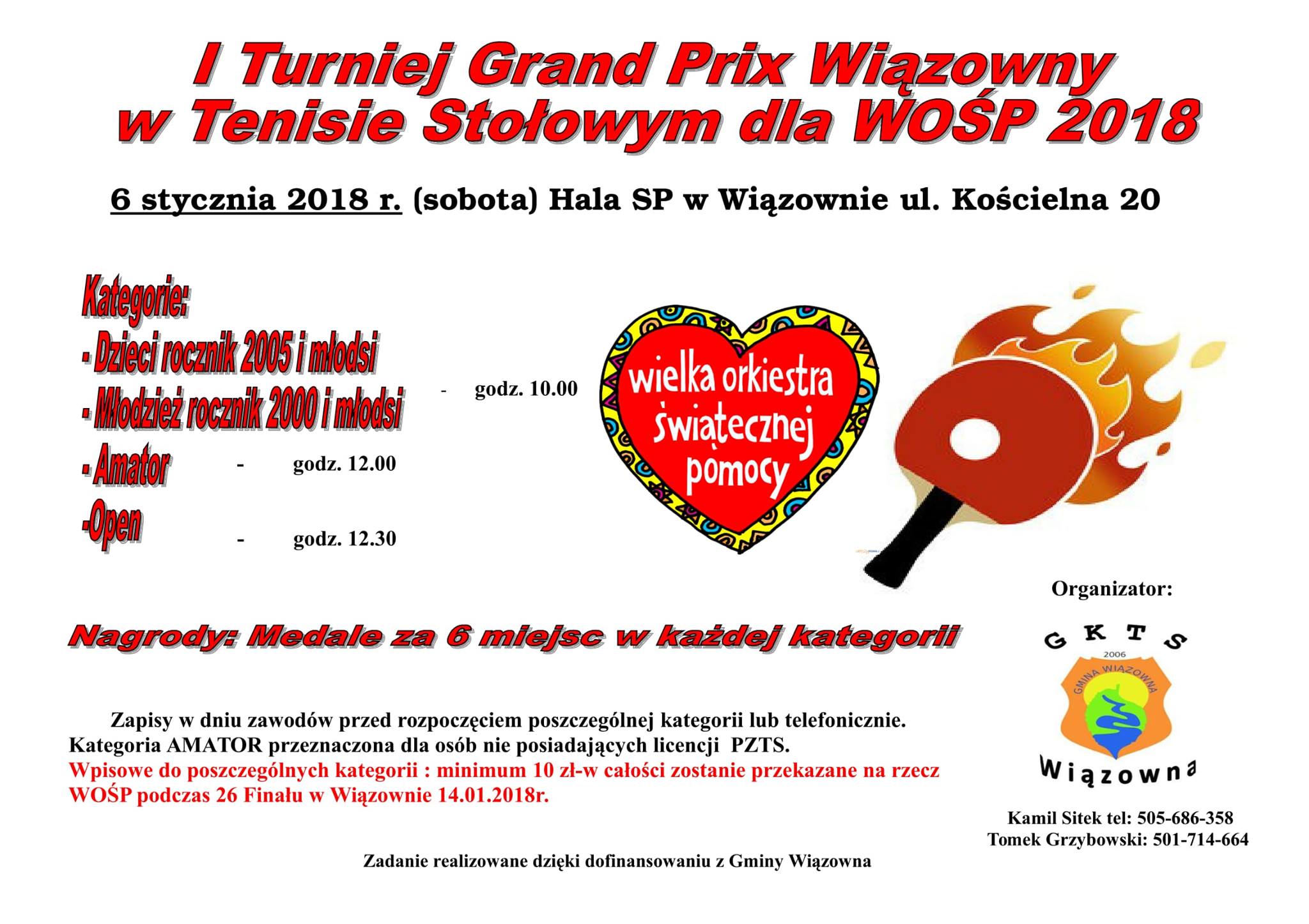 Plakat turnieju I Grand Prix Wiązowny w Tenisie Stołowym dla WOŚP 2018