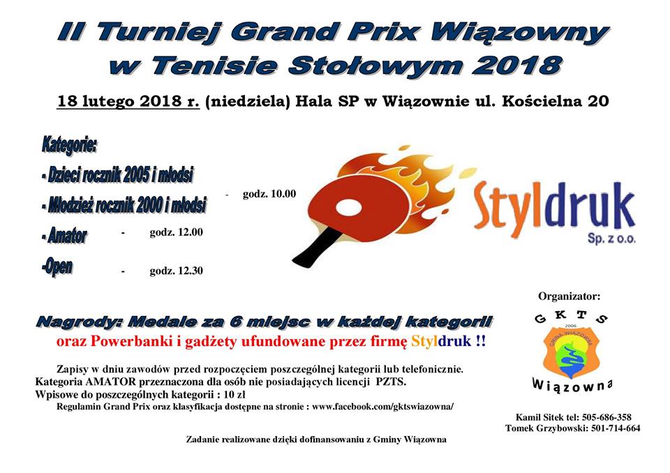 Plakat turnieju II Turniej Grand Prix Wiązowny w Tenisie Stołowym 2018