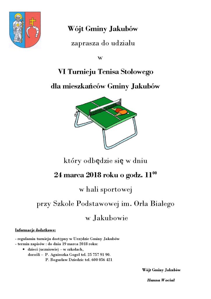 Plakat turnieju VI Turniej Tenisa Stołowego dla mieszkańców Gminy Jakubów