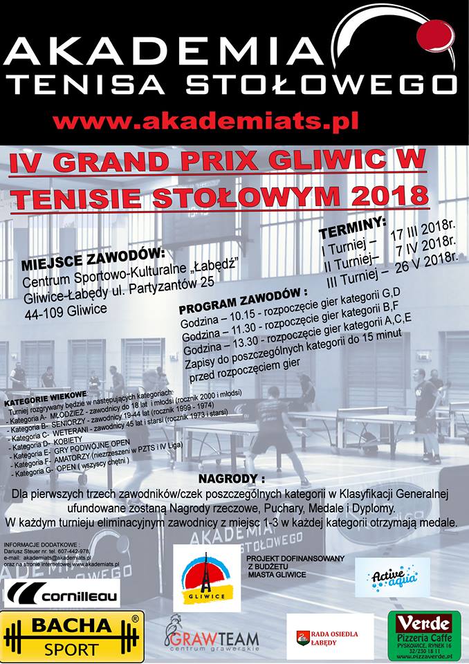 Plakat turnieju IV Grand Prix Gliwic w Tenisie Stołowym - Turniej 1