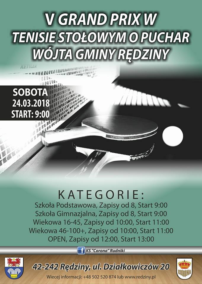 Plakat turnieju V Grand Prix o Puchar Wójta Gminy Rędziny w Tenisie Stołowym