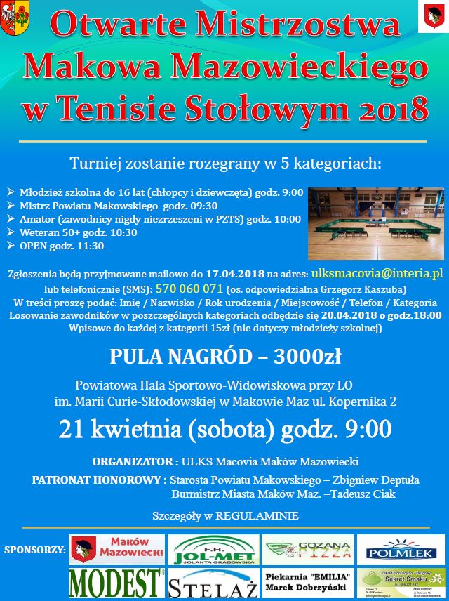 Plakat turnieju Otwarte Mistrzostwa Makowa Mazowieckiego w Tenisie Stołowym 2018