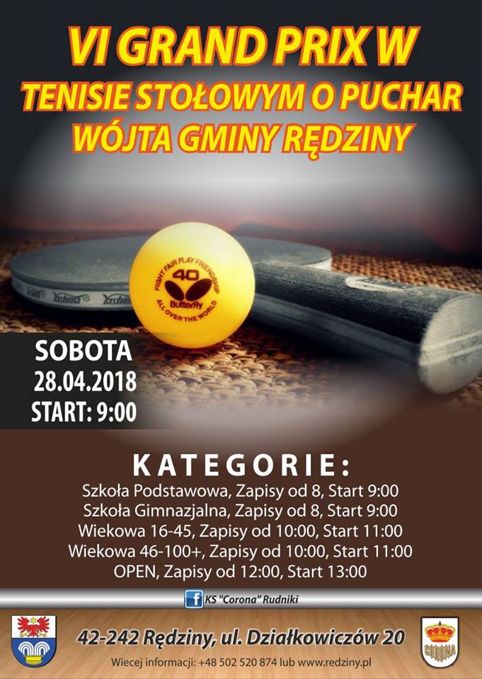 Plakat turnieju VI Grand Prix w tenisie stołowym gminy Rędziny o Puchar Wójta 