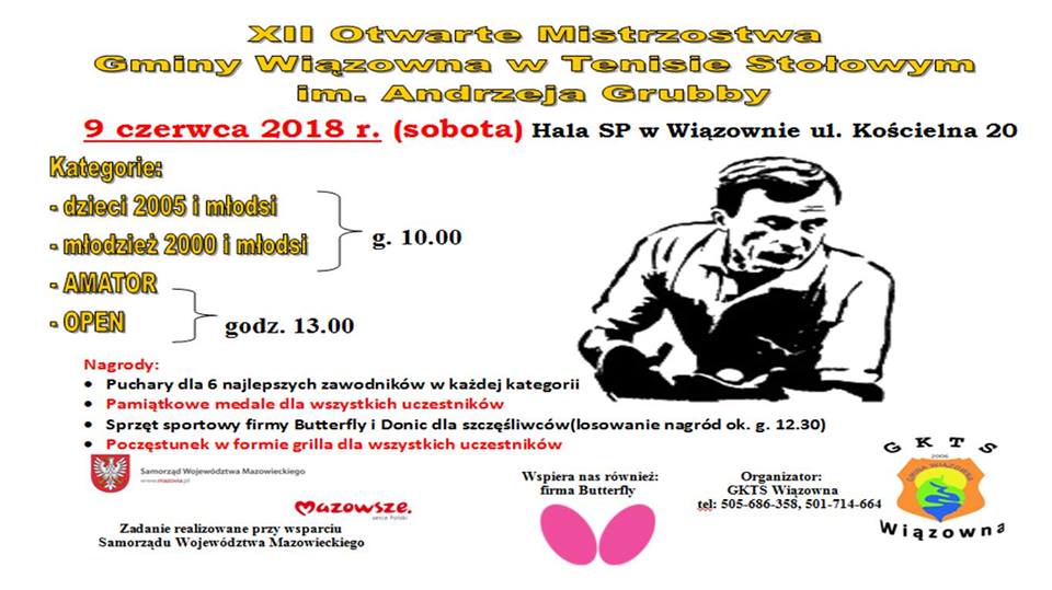 Plakat turnieju XII Otwarte Mistrzostwa Gminy Wiązowna im. Andrzeja Grubby