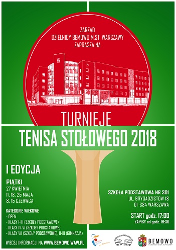 Plakat turnieju Turnieje tenisa stołowego Bemowo- edycja wiosenna