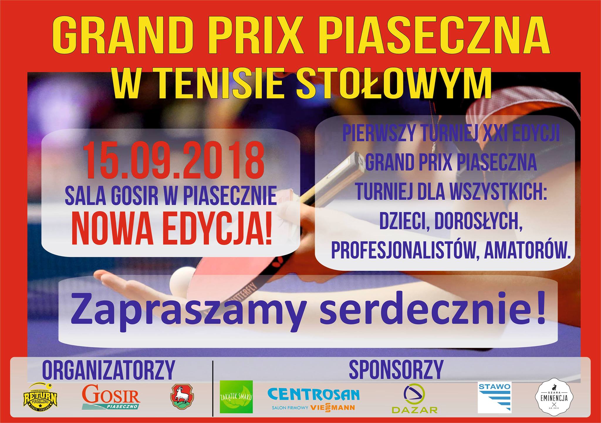 Plakat turnieju I Grand Prix Piaseczna w tenisie stołowym XXI edycji