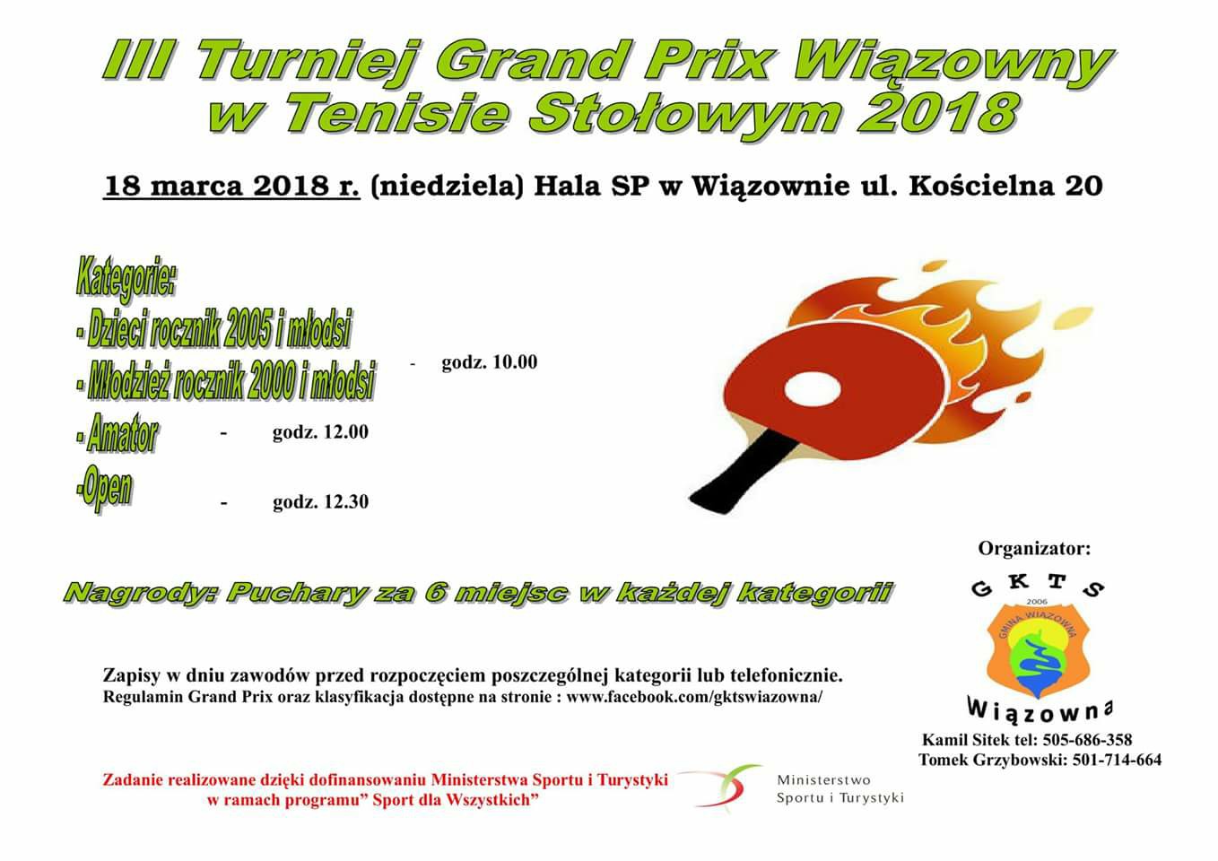 Plakat turnieju III Turniej Grand Prix Wiązowny w Tenisie Stołowym 2018