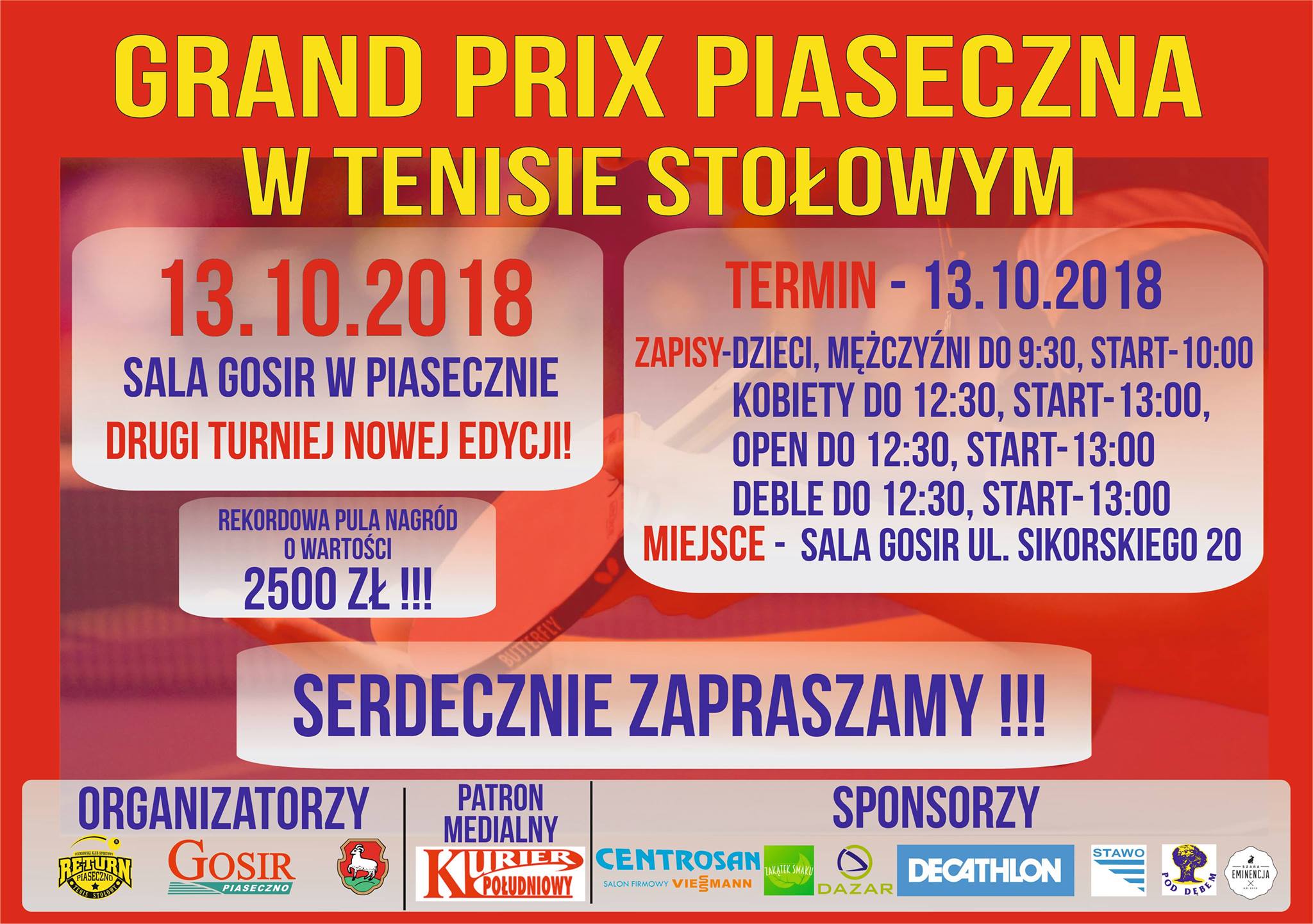 Plakat turnieju II Grand Prix Piaseczna w tenisie stołowym XXI edycji