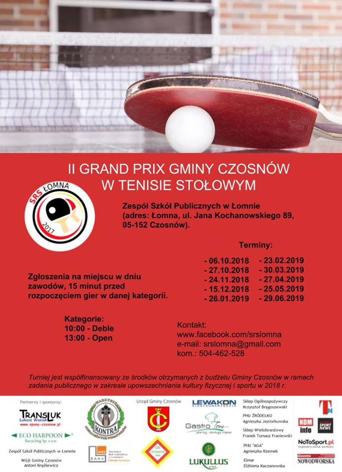 Plakat turnieju II GRAND PRIX Gminy Czosnów w tenisie stołowym - 9 turniej