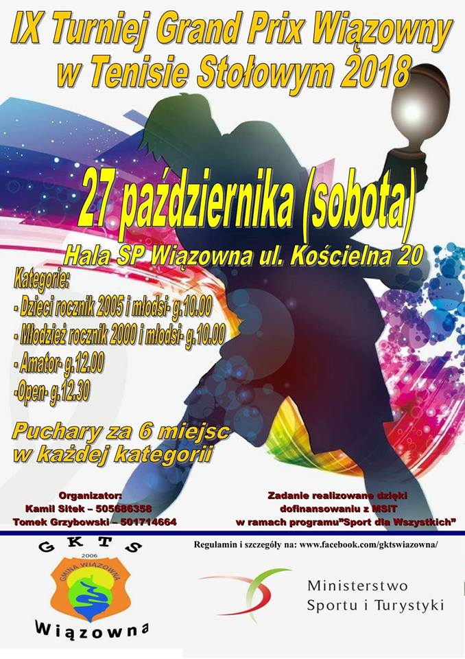Plakat turnieju  IX Turniej Grand Prix Wiązowny w Tenisie Stołowym 2018 - ruszamy 9 września!
