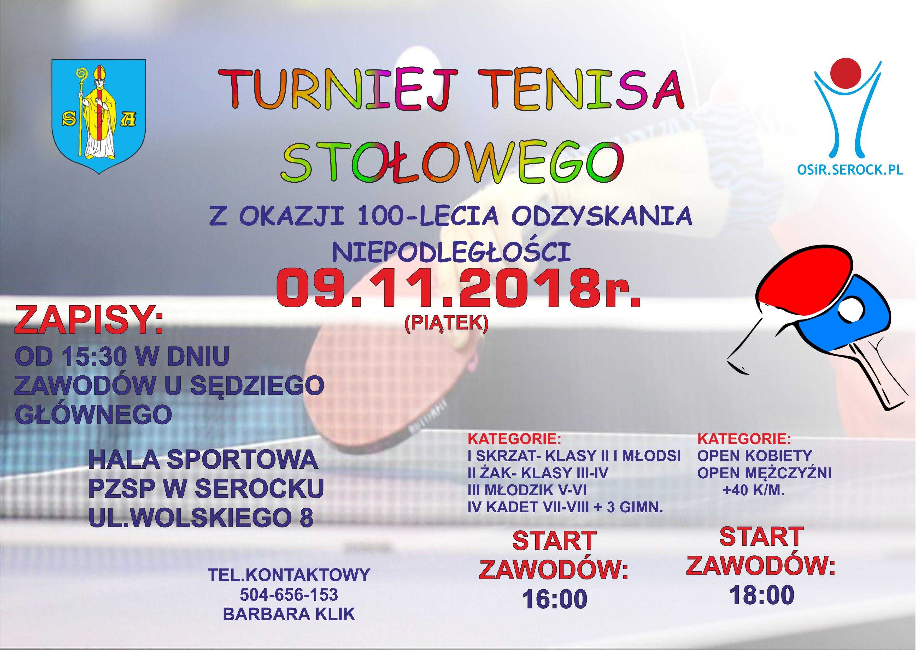 Plakat turnieju Turniej tenisa stołowego z okazji 100-lecia odzyskania niepodległości Serock