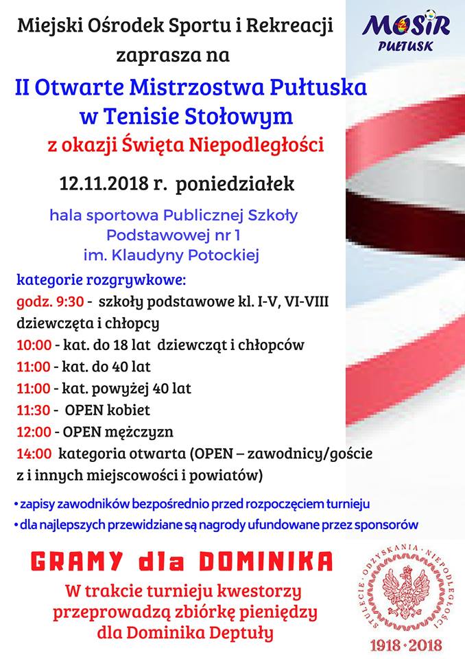 Plakat turnieju II Otwarte Mistrzostwa Pułtuska w Tenisie Stołowym z okazji Święta Niepodległości (100 lat Niepodległości)