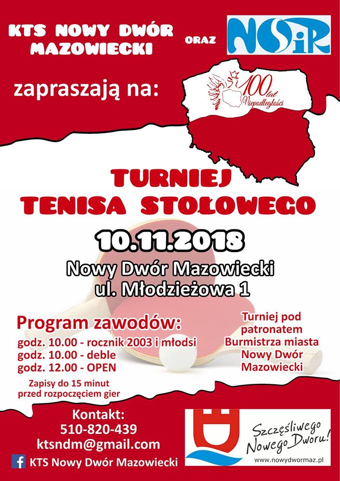 Plakat turnieju Turniej Tenisa Stołowego (100 lat niepodległości) Nowy Dwór Mazowiecki