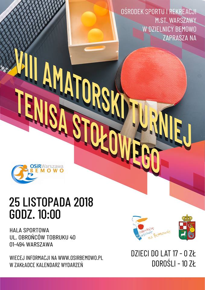 Plakat turnieju VIII Amatorski Turniej Tenisa Stołowego w OSiR Bemowo