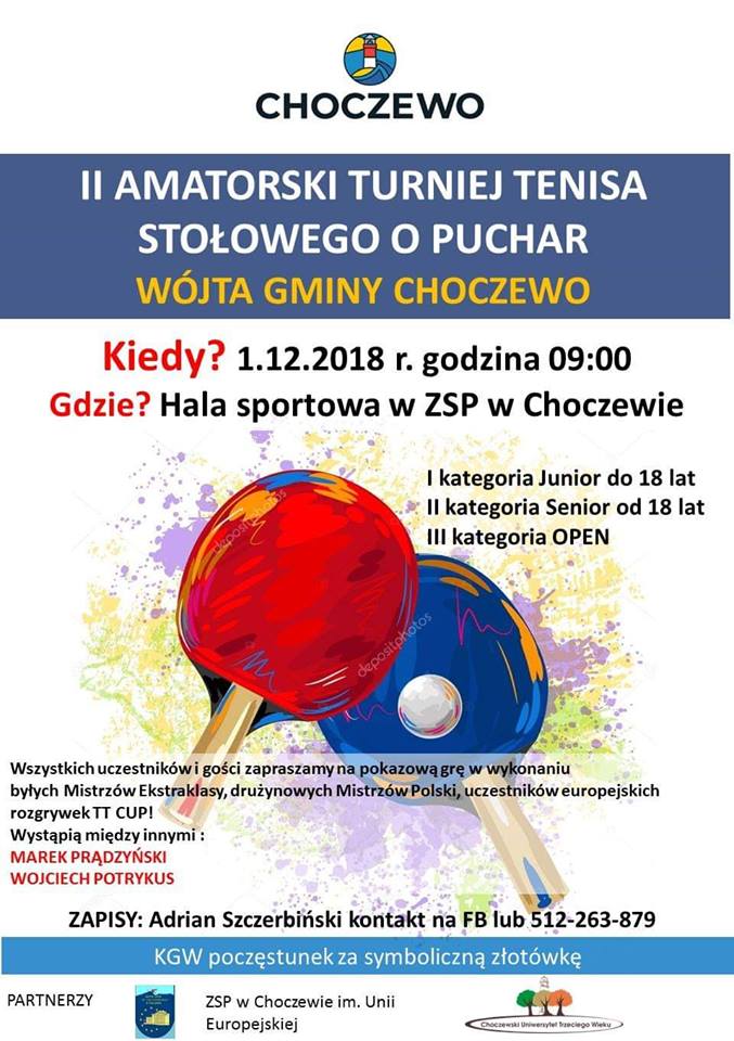 Plakat turnieju II Amatorski Turniej Tenisa Stołowego o Puchar Wójta Gminy Choczewo
