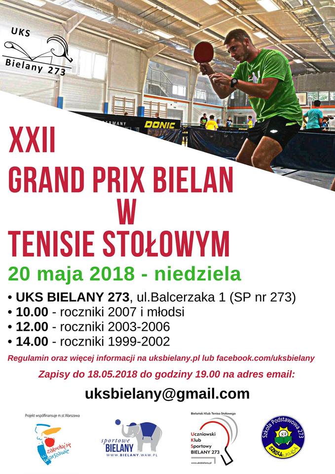 Plakat turnieju XXII Grand Prix Bielan w Tenisie Stołowym- Turniej I