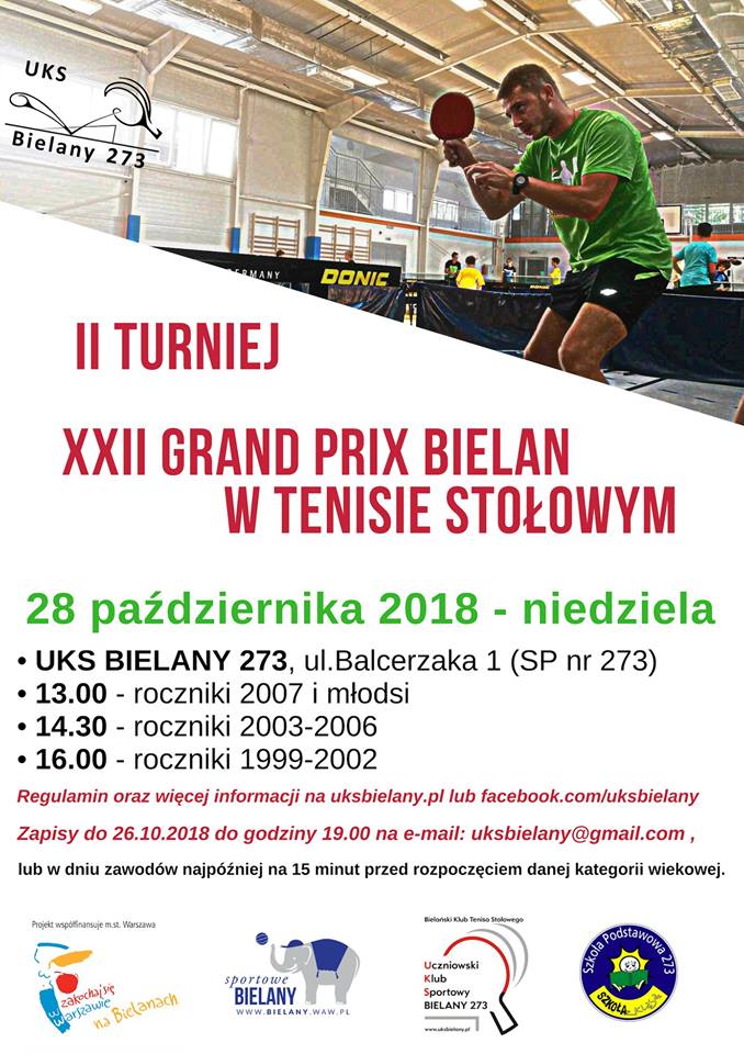 Plakat turnieju XXII Grand Prix Bielan w Tenisie Stołowym- Turniej II