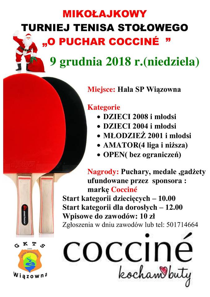 Plakat turnieju Mikołajkowy Turniej Tenisa Stołowego o Puchar "COCCINE"