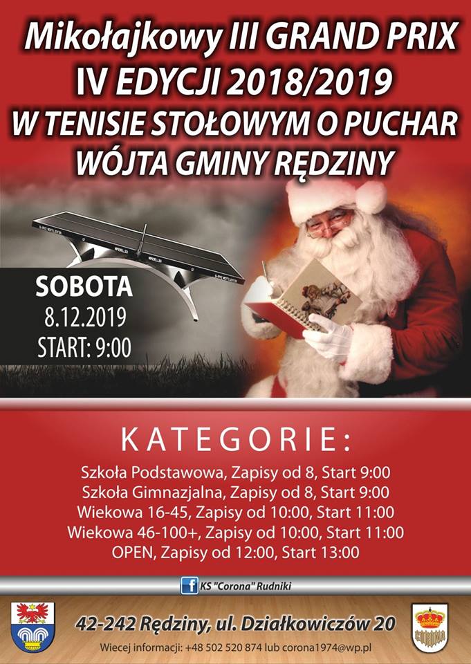 Plakat turnieju Mikołajkowy III Grand Prix IV edycji 2018/2019 w Tenisie Stołowym o Puchar Wójta Gminy Rędziny.