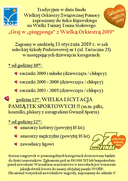 Plakat turnieju Graj w "pingponga" z Wielką Orkiestrą 2019