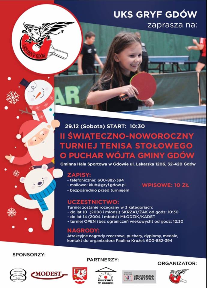Plakat turnieju II Świąteczno-Noworoczny Turniej Tenisa Stołowego o Puchar Wójta Gminy Gdów  - zakończenie 2018 roku