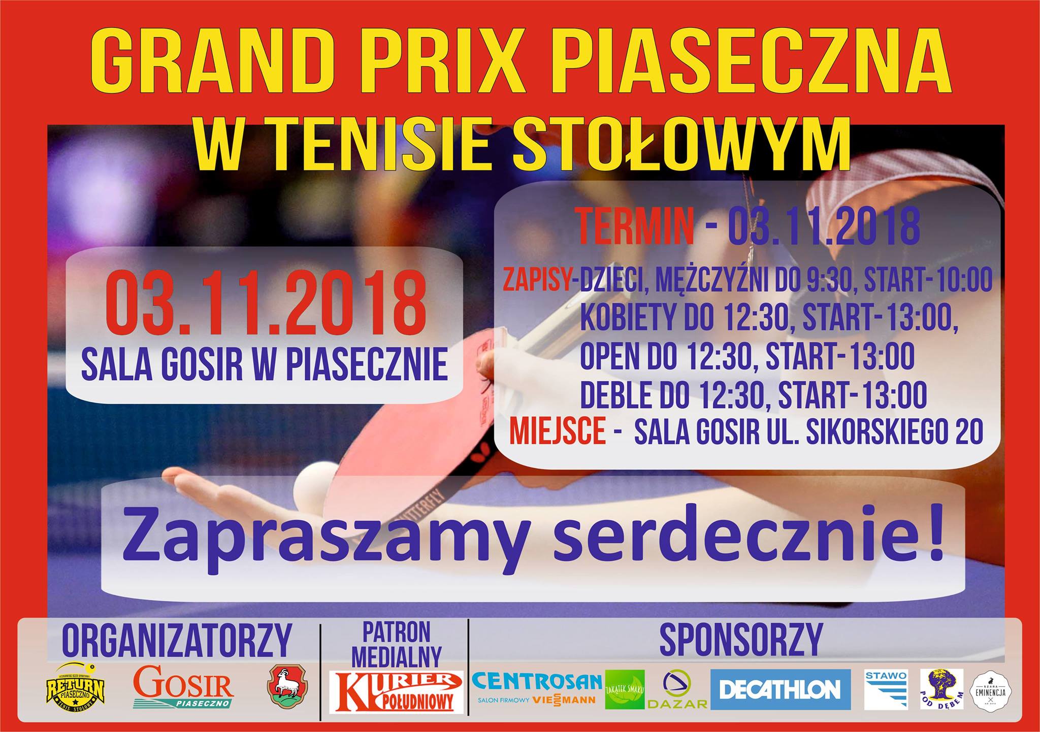 Plakat turnieju V Grand Prix Piaseczna w tenisie stołowym XXI edycji