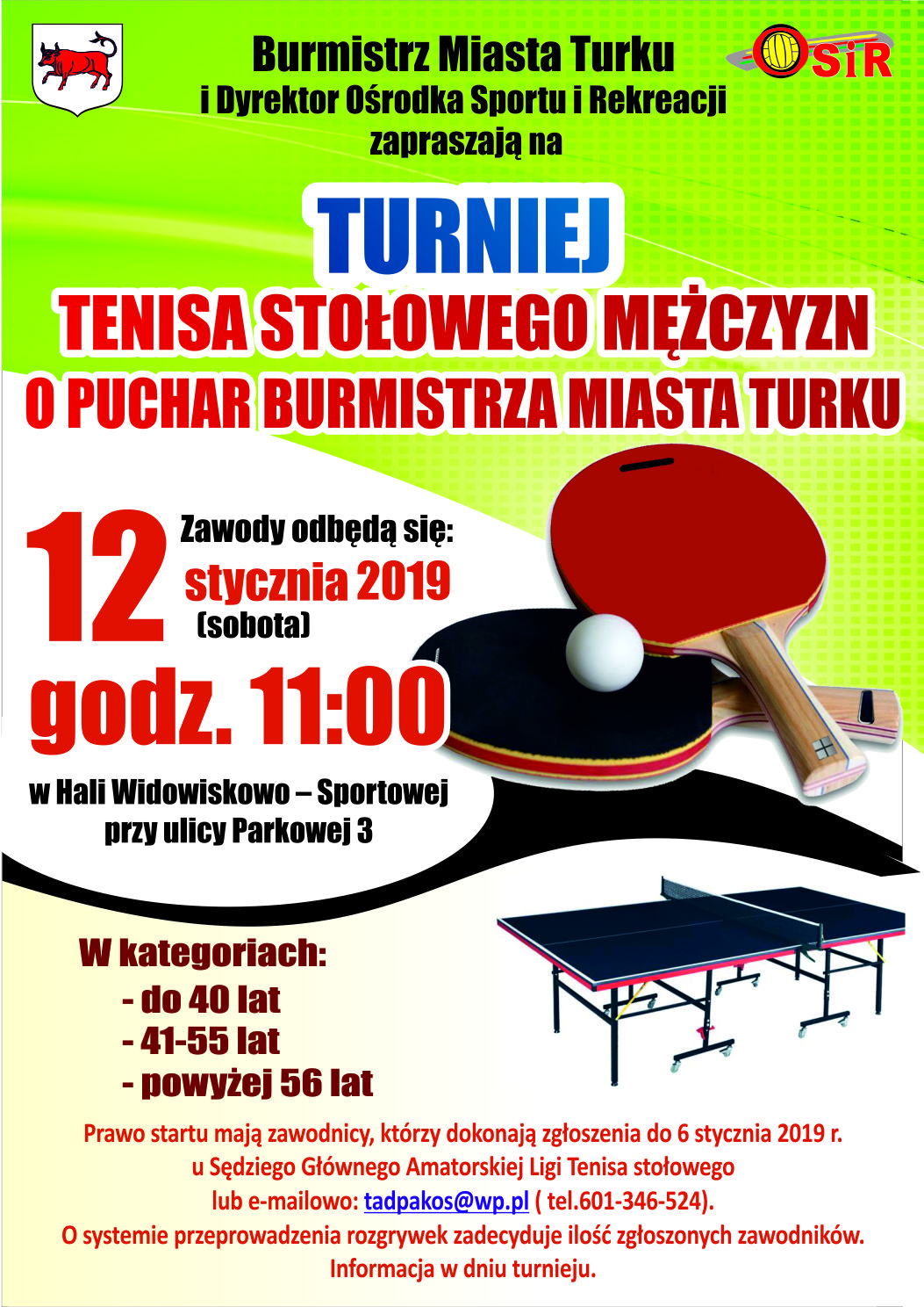 Plakat turnieju Turniej tenisa stołowego Mężczyzn o Puchar Burmistrza Miasta Turku