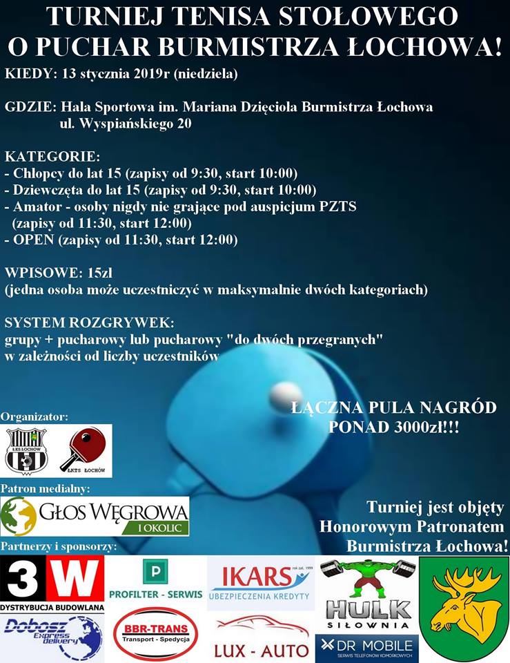 Plakat turnieju Turniej Tenisa Stołowego o Puchar Burmistrza Łochowa