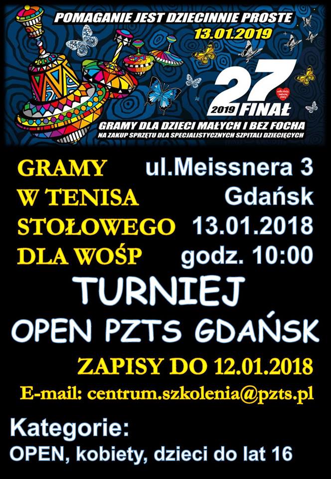 Plakat turnieju OPEN PZTS GDAŃSK Gramy w tenisa stołowego dla WOŚP- 1 turniej