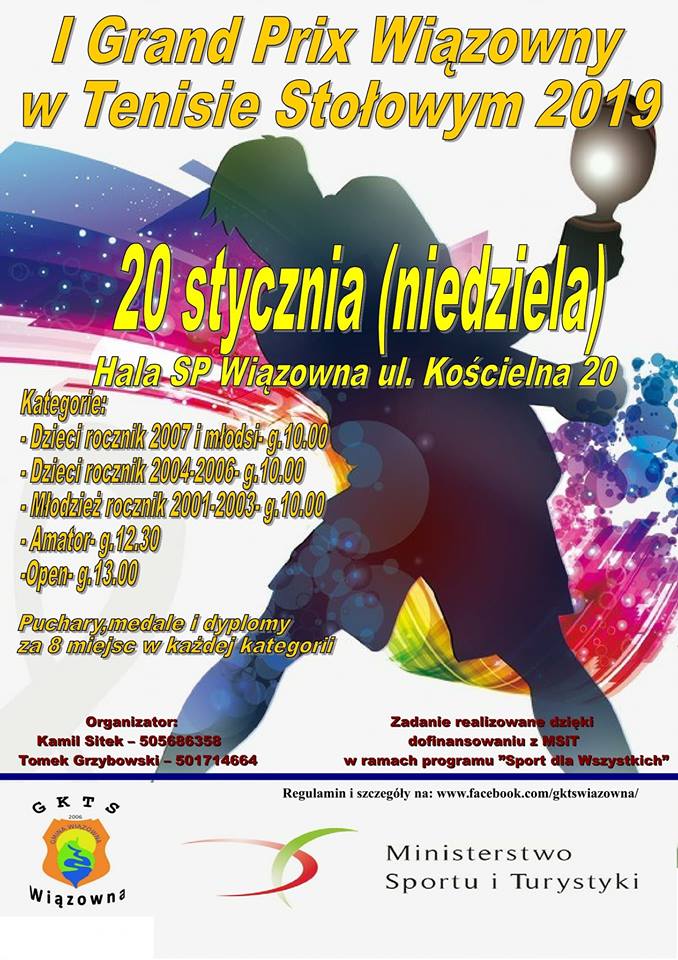 Plakat turnieju I Turniej Grand Prix Wiązowny w Tenisie Stołowym 2019