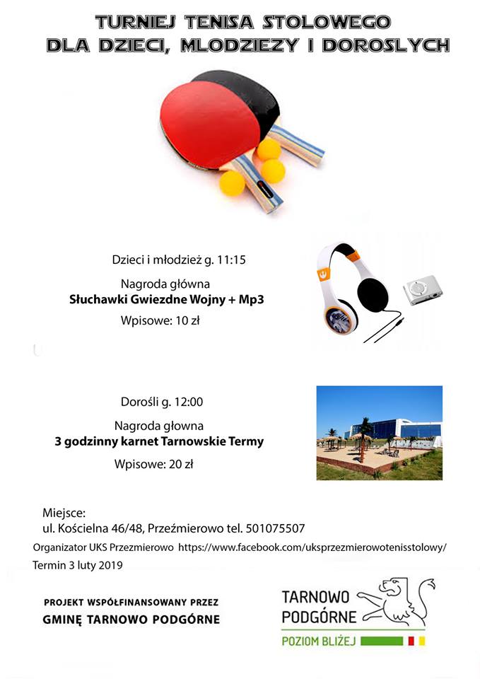 Plakat turnieju Turniej  Tenisa Stołowego dla Dzieci, Młodzieży i Dorosłych- Przeźmierowo