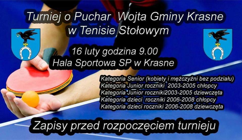 Plakat turnieju O Puchar Wójta Gminy Krasne w tenisie stołowym 2019