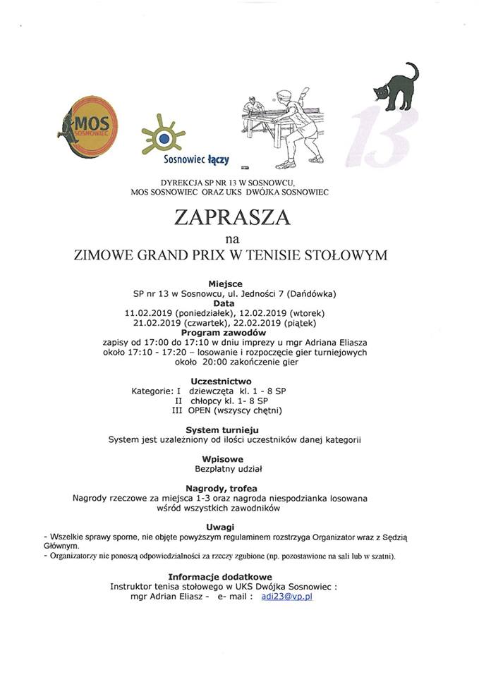 Plakat turnieju Zimowe Grand Prix w Sosnowcu- I turniej