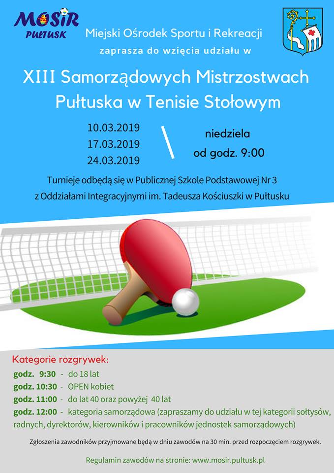 Plakat turnieju XIII Samorządowe Mistrzostwa Pułtuska w tenisie stołowym